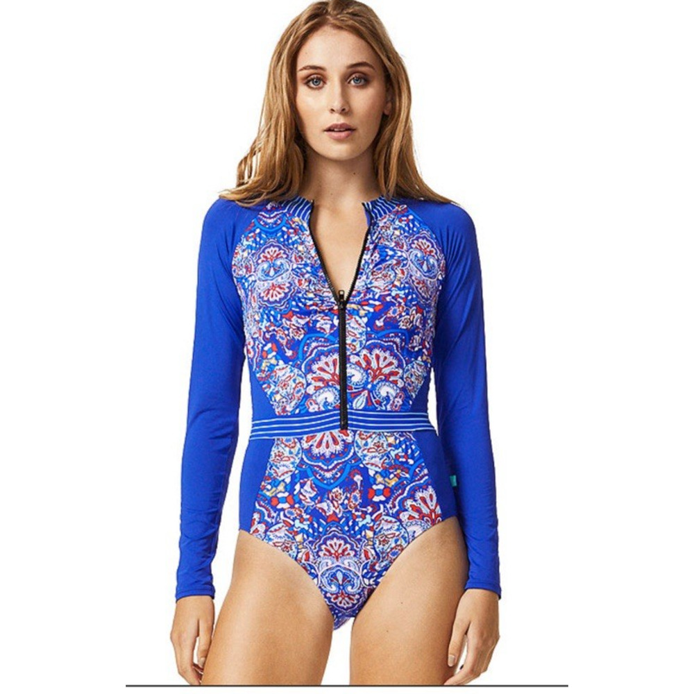 PIHA-New Zealand-Swimsuit BOHO-Long Sleeve-ZipFront-Size 10-RASH SHIRT MSRP $140